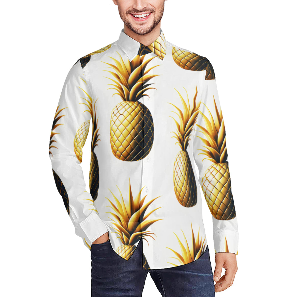 Golden Pineapple Men's Classic Long-Sleeved Shirt | Polyester