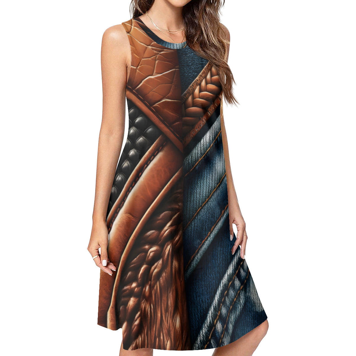 Denim Leather Design Women's Casual Dress | Polyester