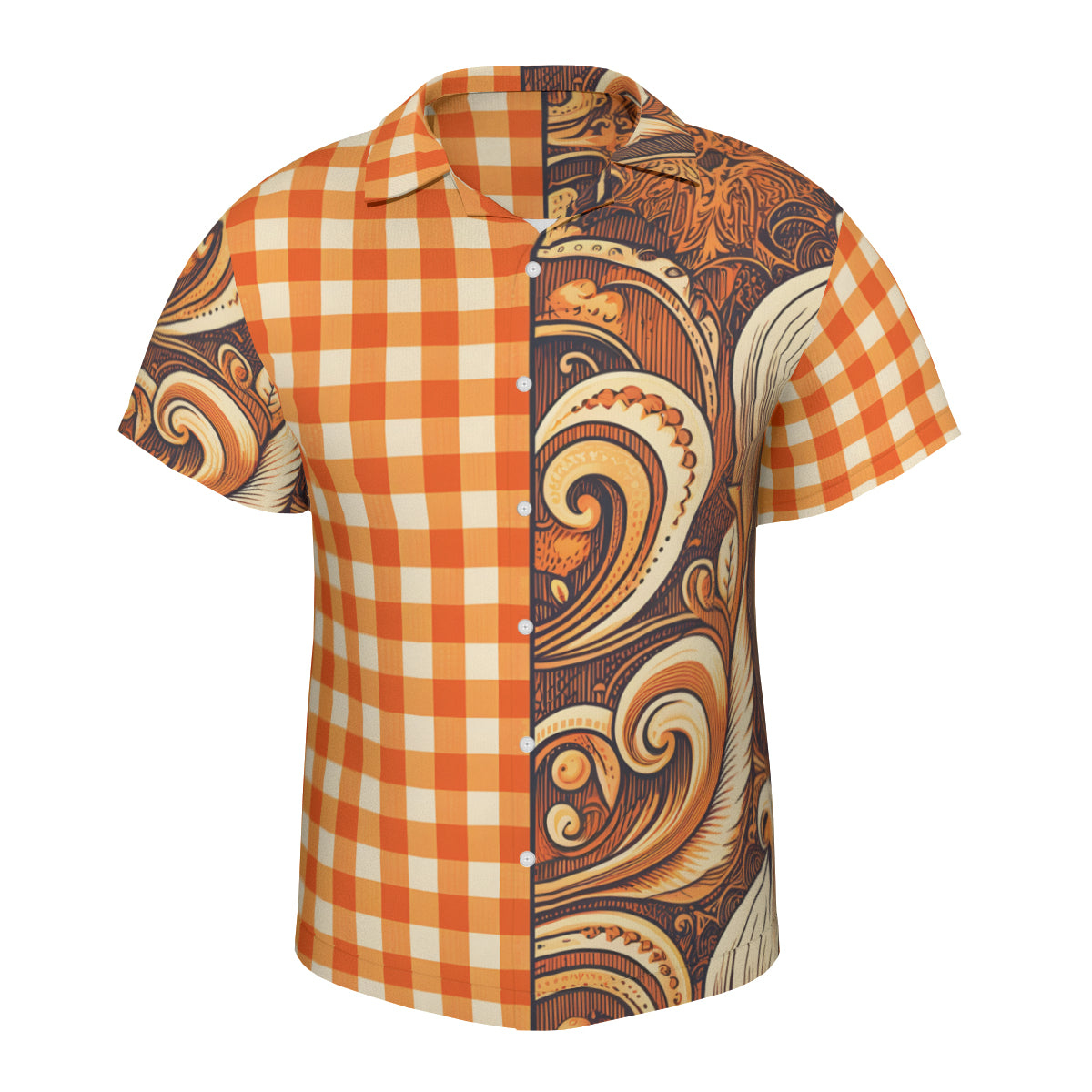 Orange Checked Short Sleeves Men's Shirt