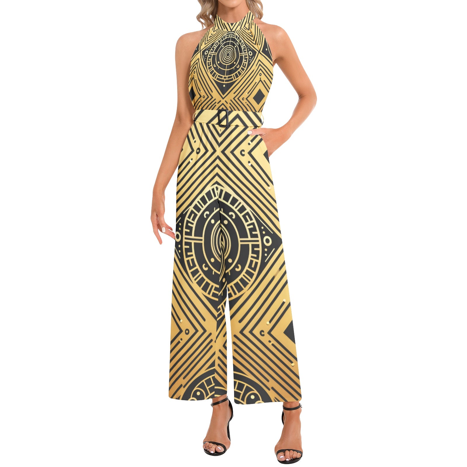 Halter Neck Buckle Belted Jumpsuit