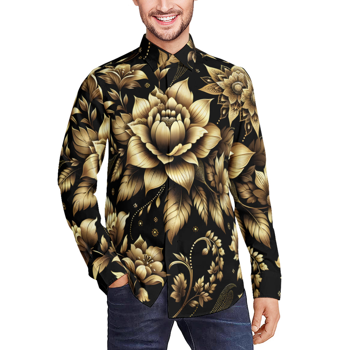 Gold Flowers Men's Classic Long-Sleeves Polyester Shirt