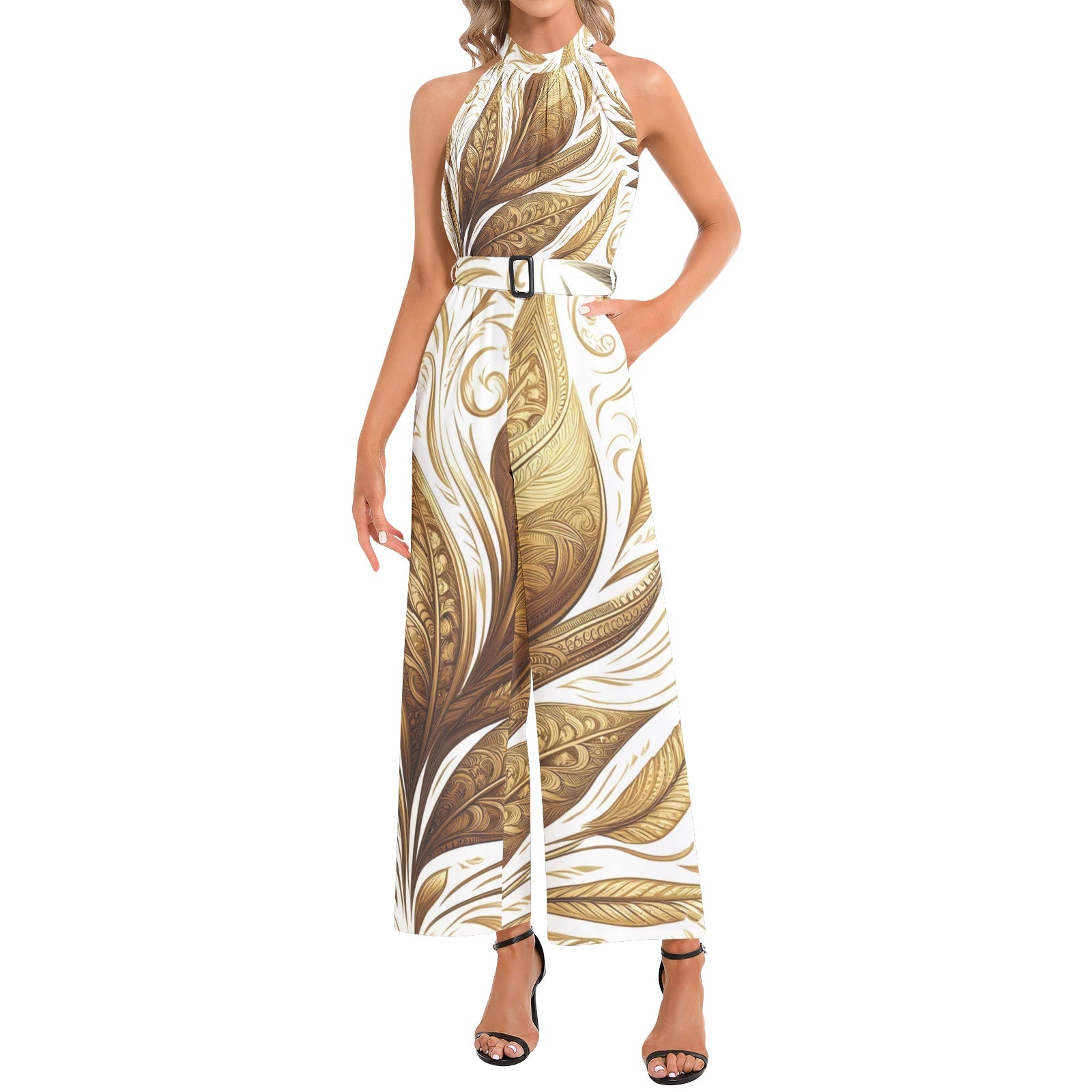 Golden Feathers Halter Neck Buckle Belted Jumpsuit