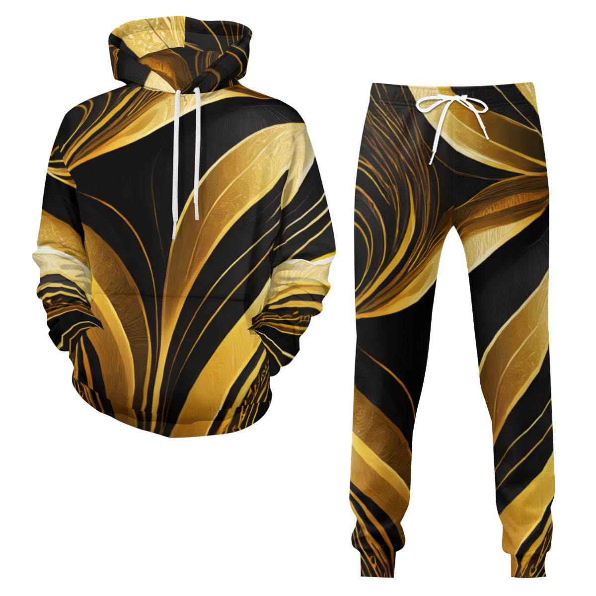 Elegant Gold Black Men's Adult Hoodie Set (Double-Layer Hood) | Health Fabric