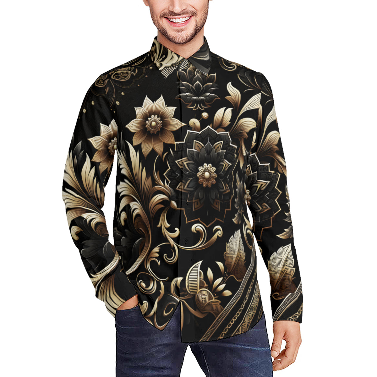 Black Floral Long Sleeves Men's Shirt