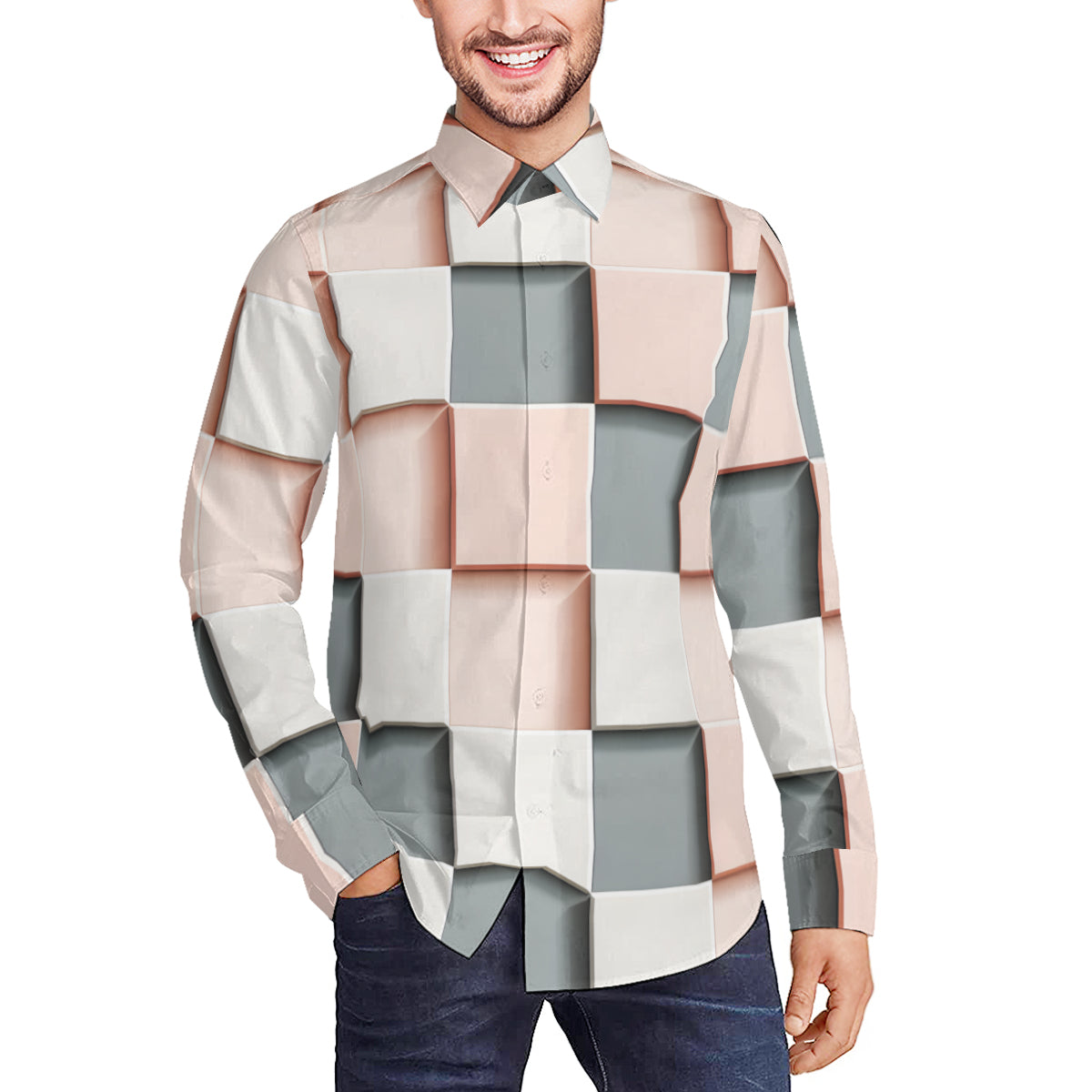 Abstract Square Men's Classic Long-Sleeved Shirt | Polyester
