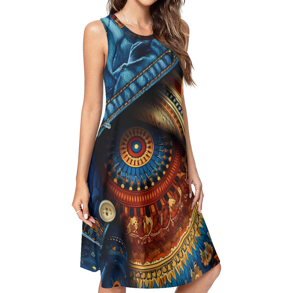 Denim Dashiki Design Women's Casual Dress | Polyester