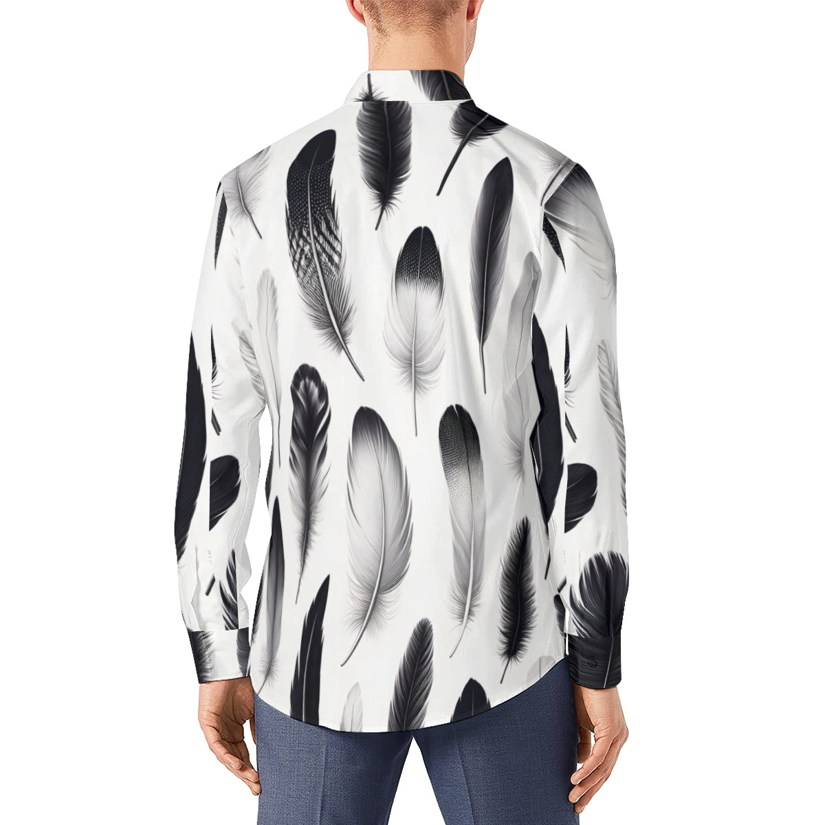 Black And White Feather Long Sleeves Men's Shirt
