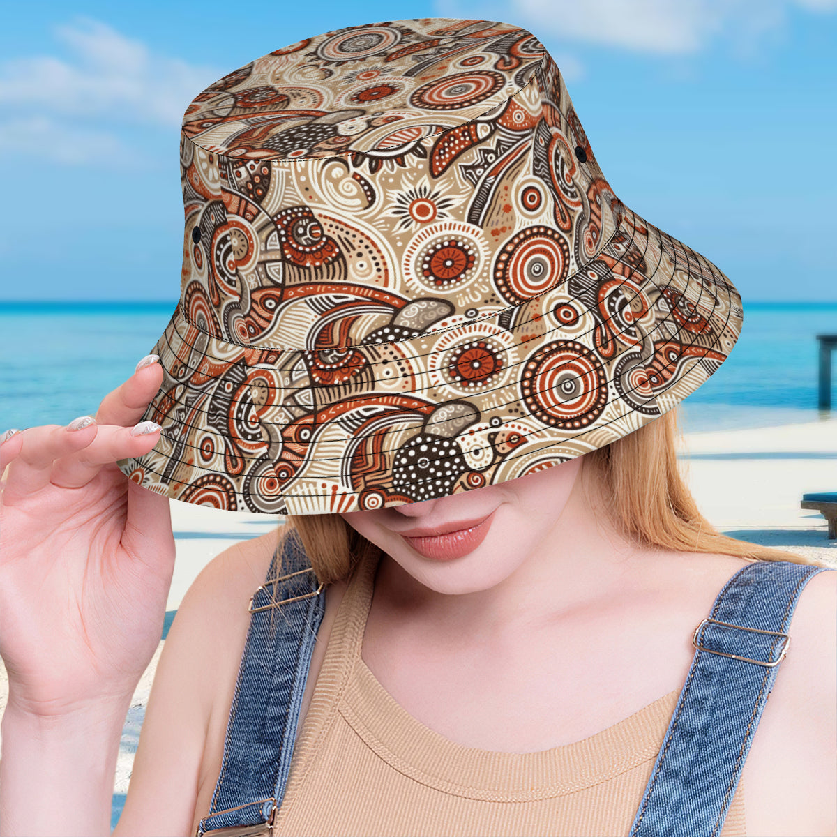 Aboriginal Doodle Pattern Double-Sided Unisex Polyester Bucket Hat