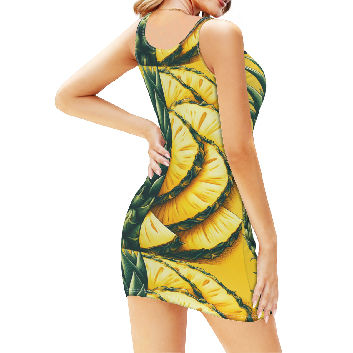 Pineapple Slices Sleeveless Slim-Fit Euro-Size Tank Slip Dress | Polyester