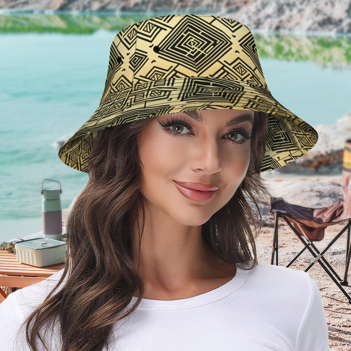 Golden Geometric Shapes Double-Sided Unisex Polyester Bucket Hat