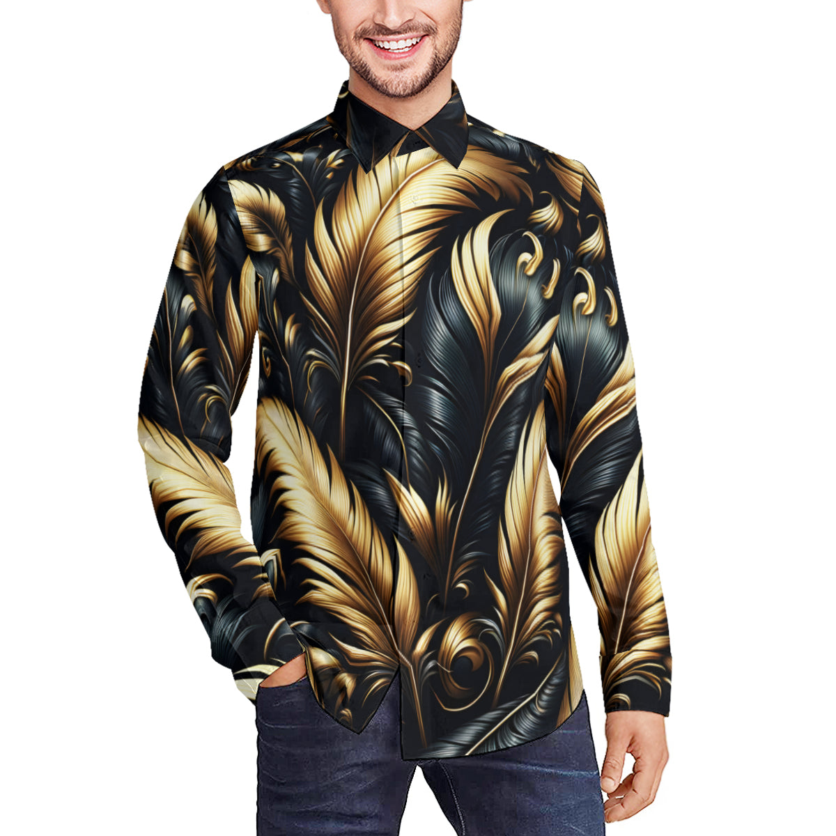 Golden Feathers Men's Classic Long-Sleeved Shirt | Polyester