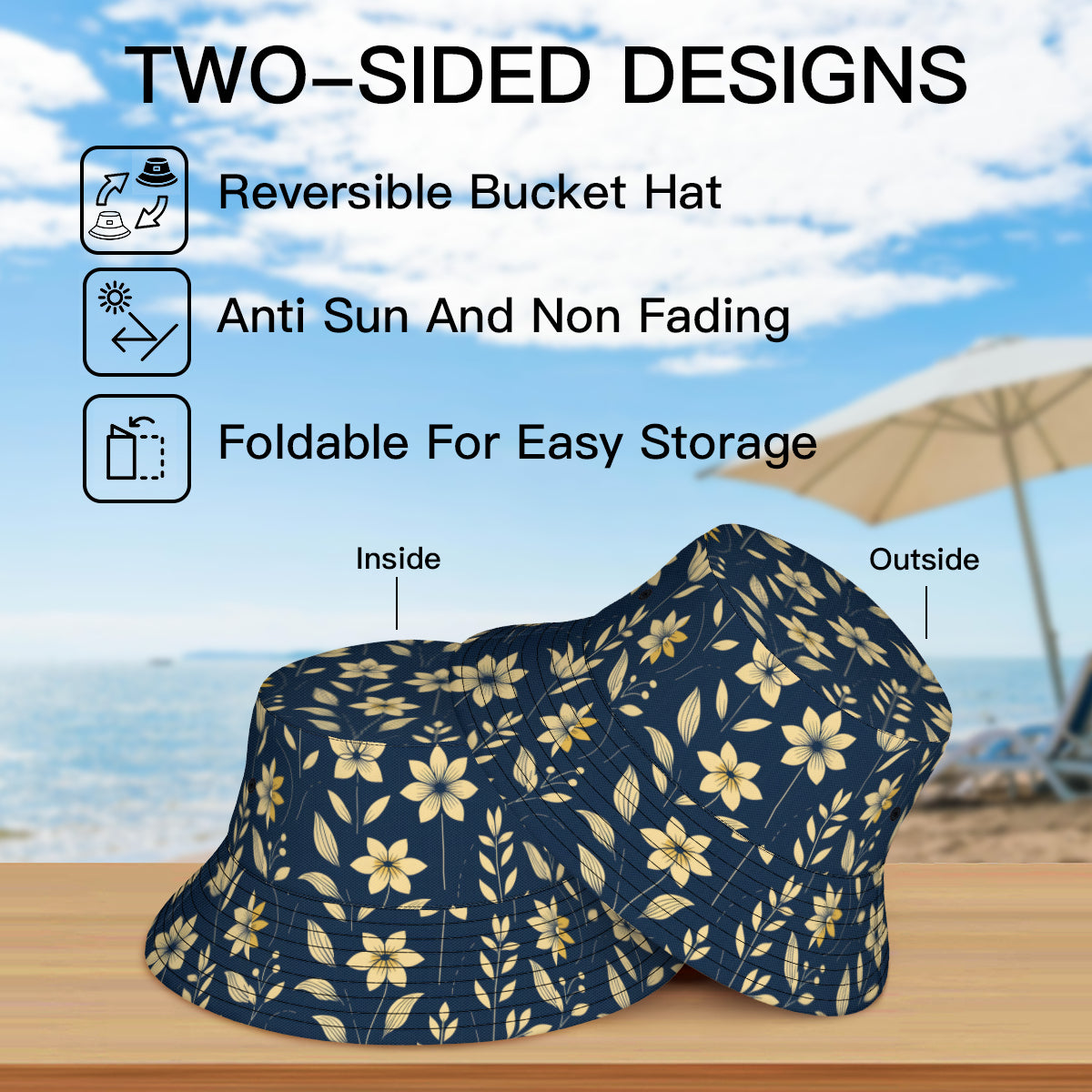 Golden Floral Double-Sided Unisex Polyester Bucket Hat