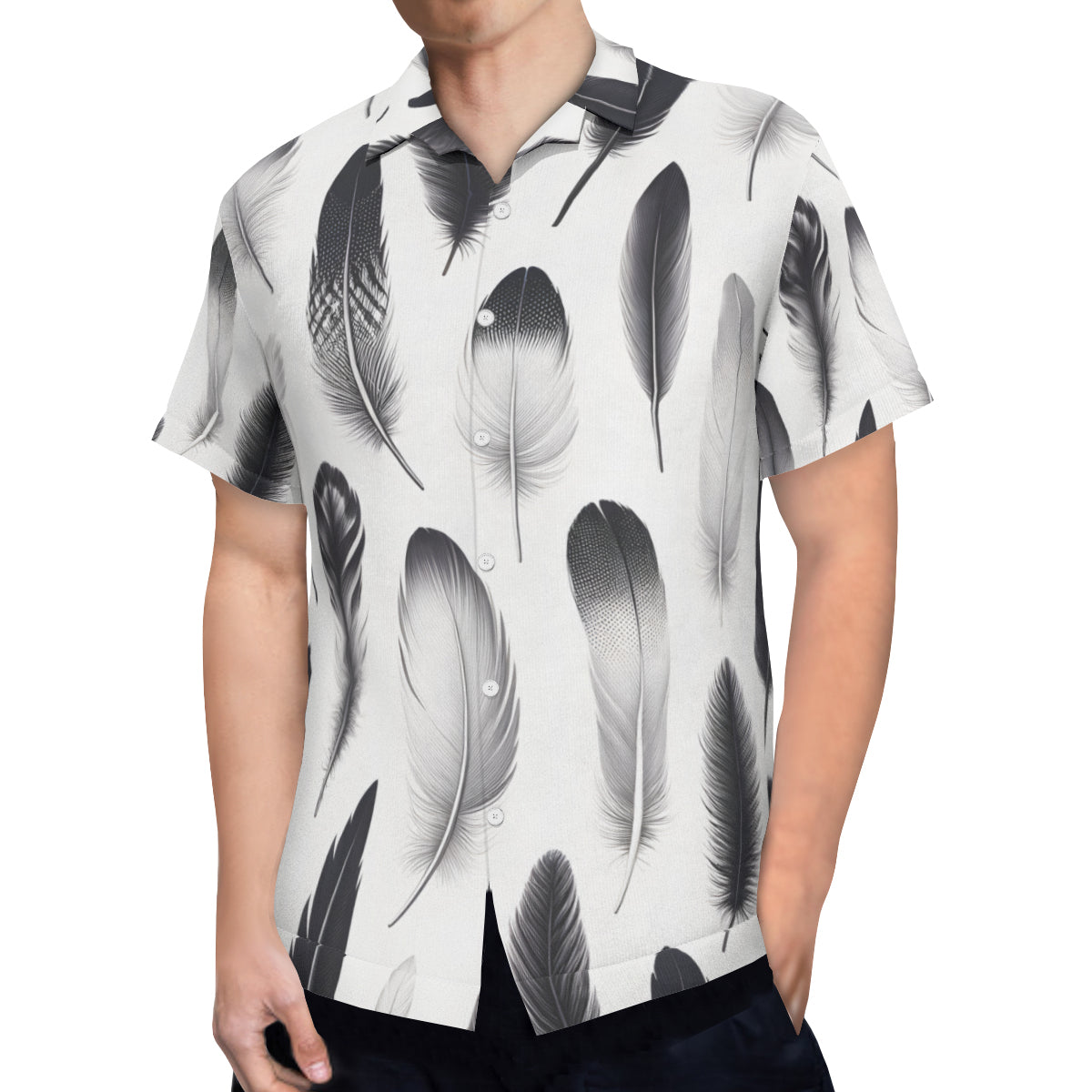 Black And White Feather Short Sleeves Men's Shirt