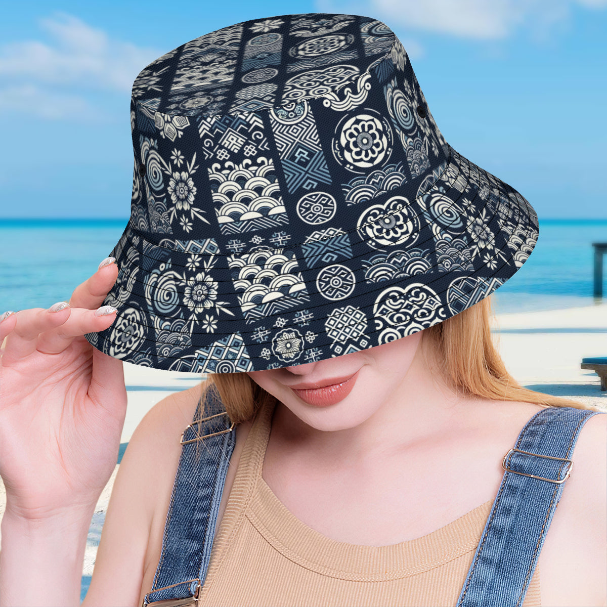 Navy Blue Geometric Shapes Double-Sided Unisex Polyester Bucket Hat
