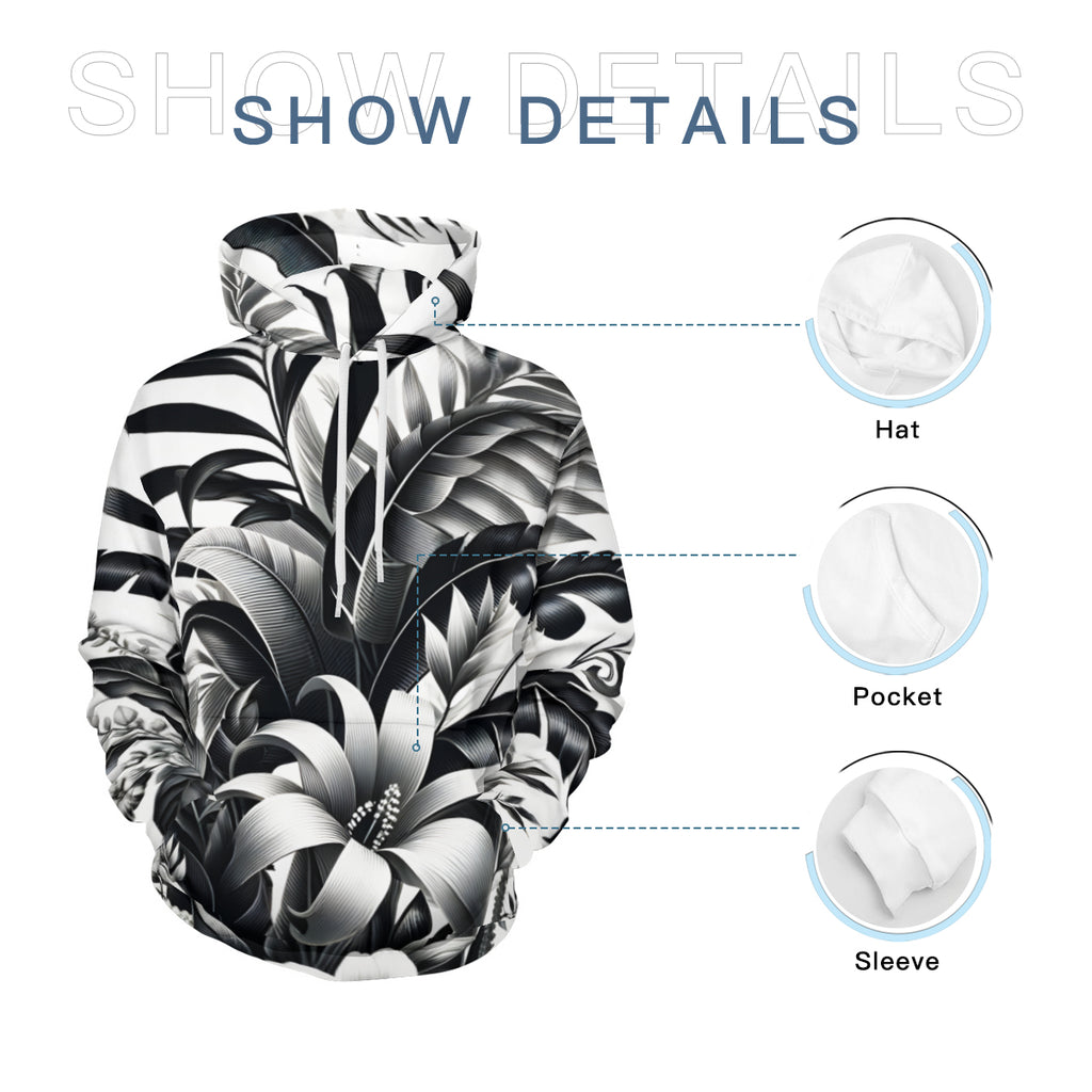 Floral Black And White Men's Adult Hoodie Set (Double-Layer Hood) | Health Fabric