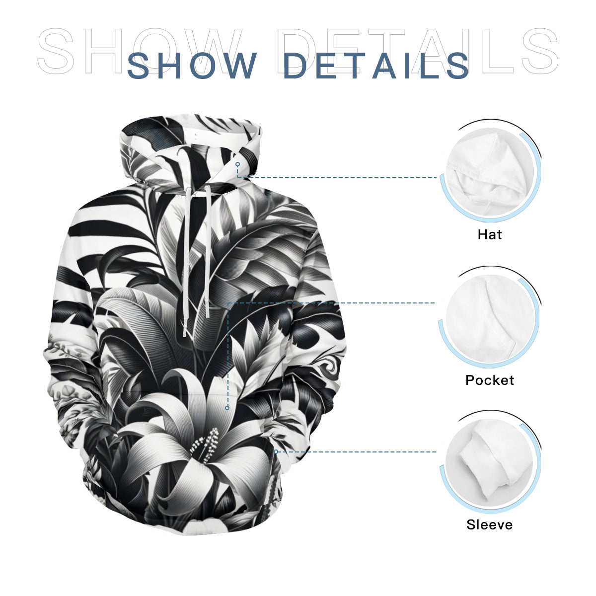 Floral Black And White Men's Adult Hoodie Set (Double-Layer Hood) | Health Fabric