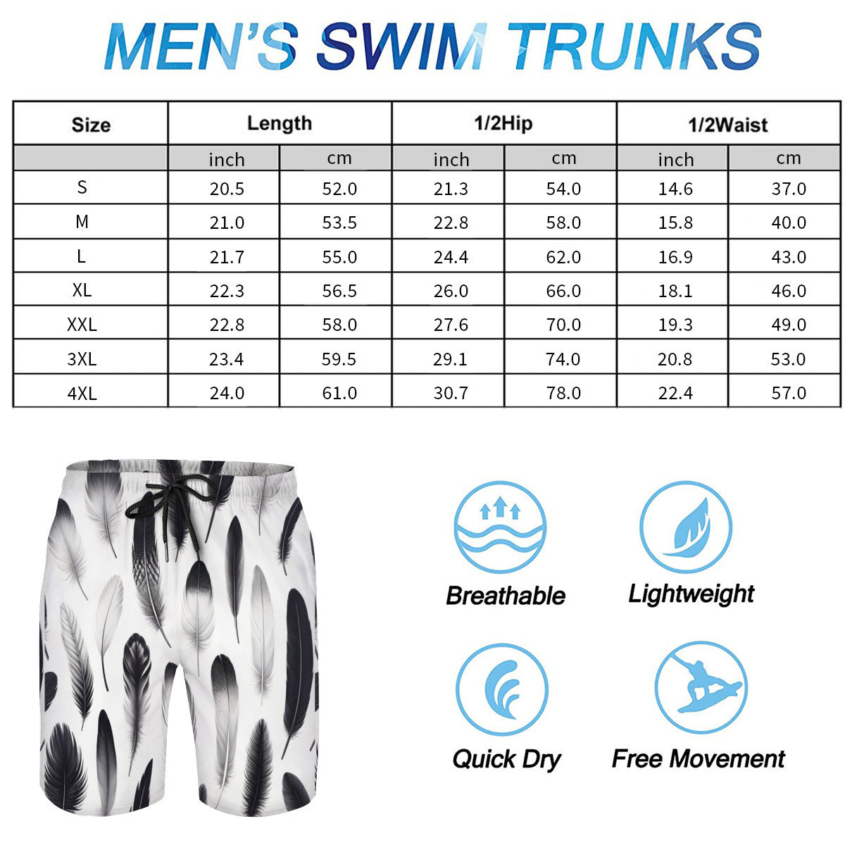 Black And White Feathers Men's Beach Shorts (Not Mesh Lined) | Polyester