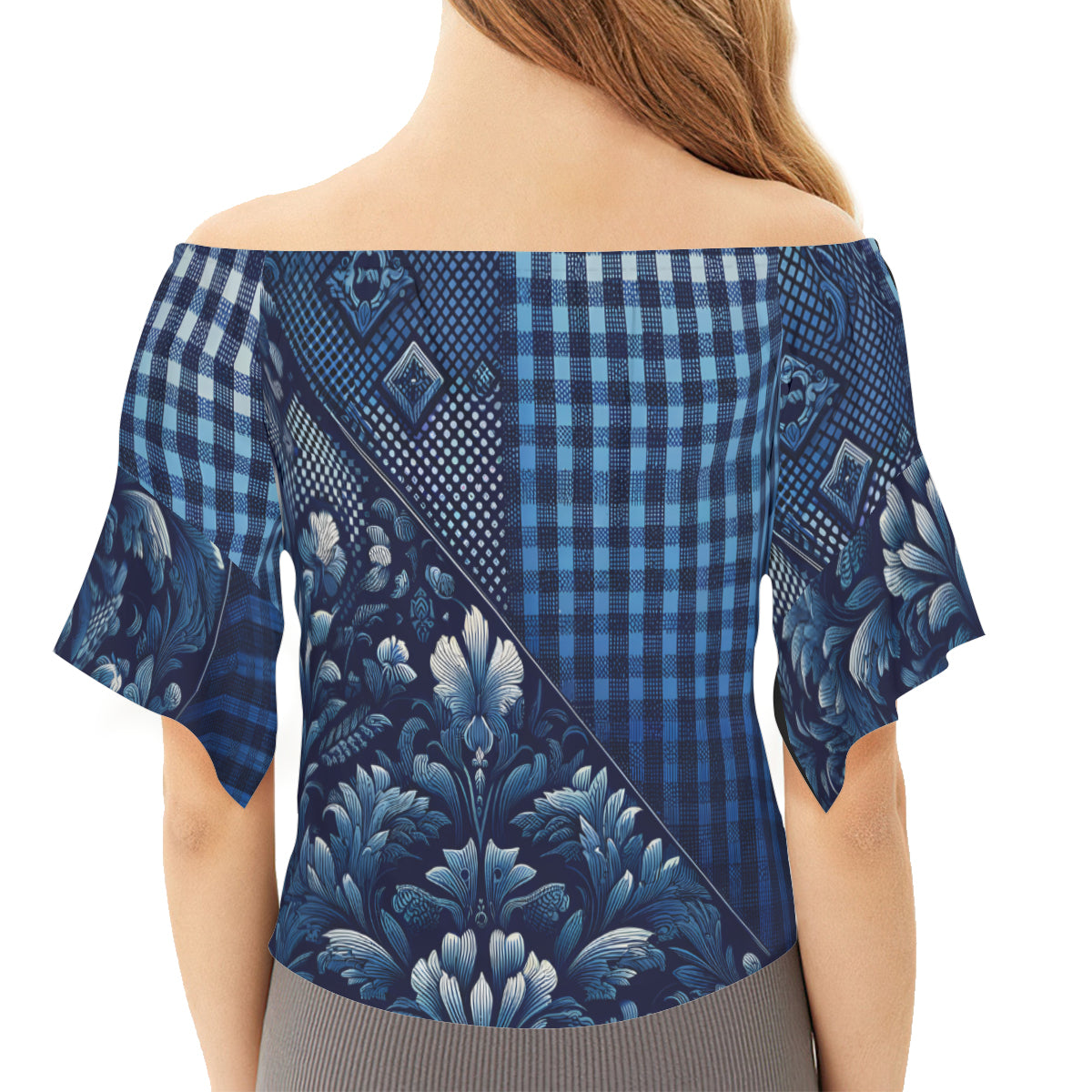 Blue Check One-Shoulder Tie Short Sleeves
