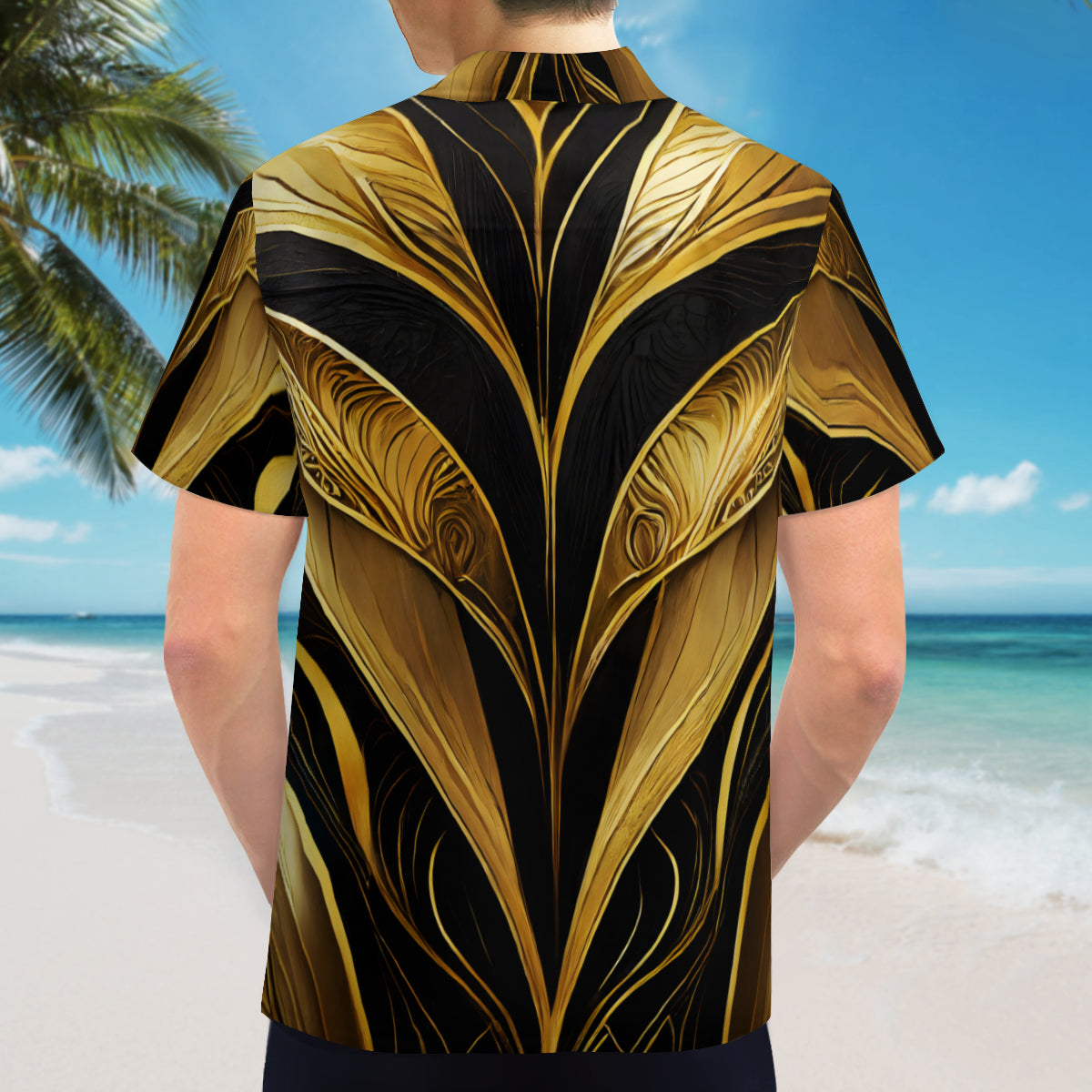 Elegant Black And Gold Short Sleeves Men's Shirt