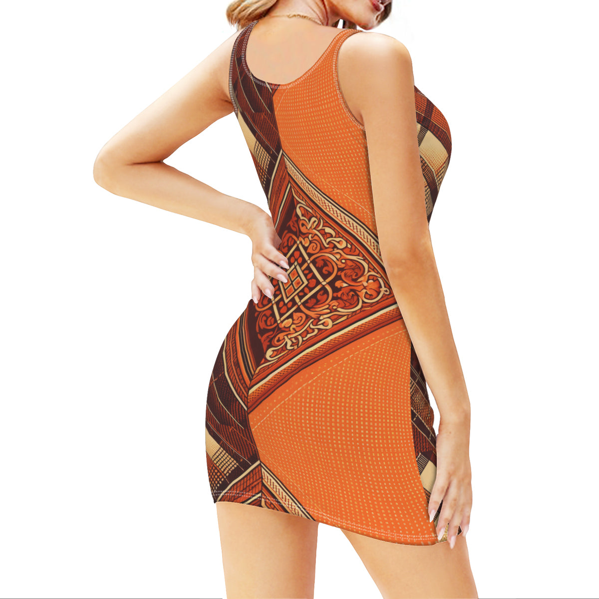 Elegant Orange Sleeveless Slim-Fit Euro-Size Tank Slip Dress | Polyester