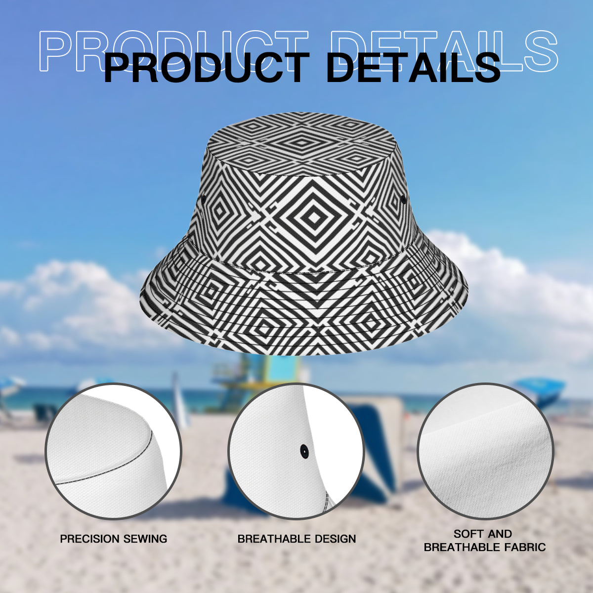 Black Geometric Shapes Double-Sided Unisex Polyester Bucket Hat