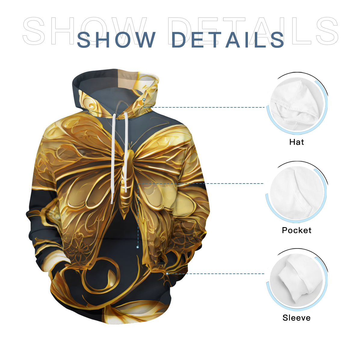 Golden Butterfly Men's Adult Hoodie Set (Double-Layer Hood) | Health Fabric
