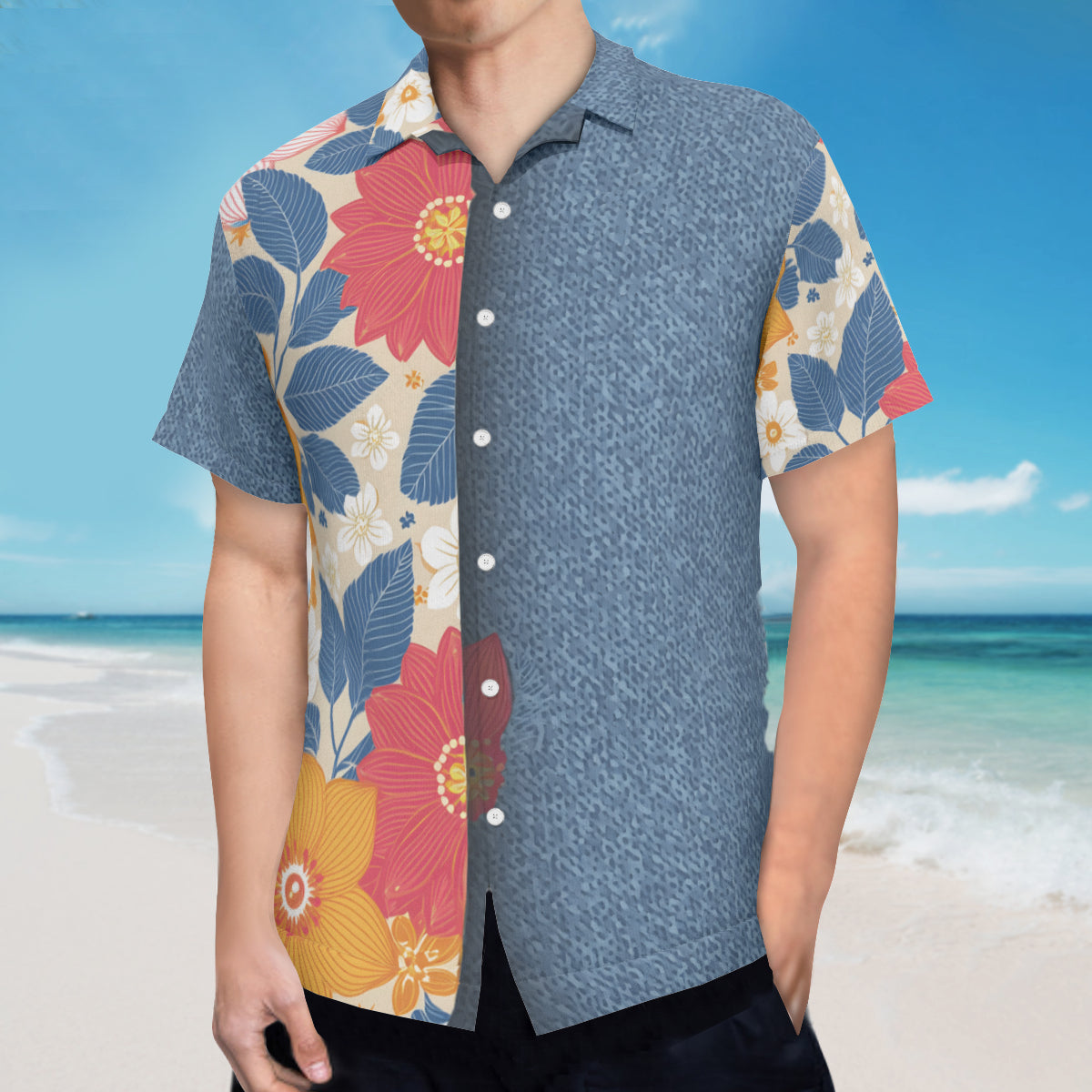 Floral Denim Short Sleeves Men's Shirt - No Chest Pocket