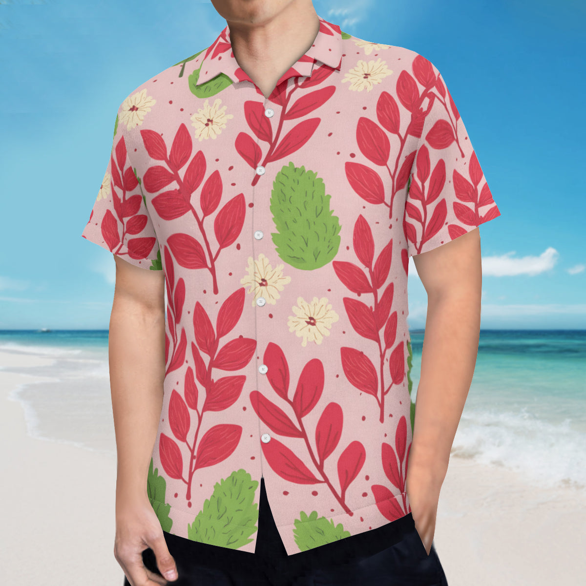 Pink Leaves Short Sleeves Men's Shirt