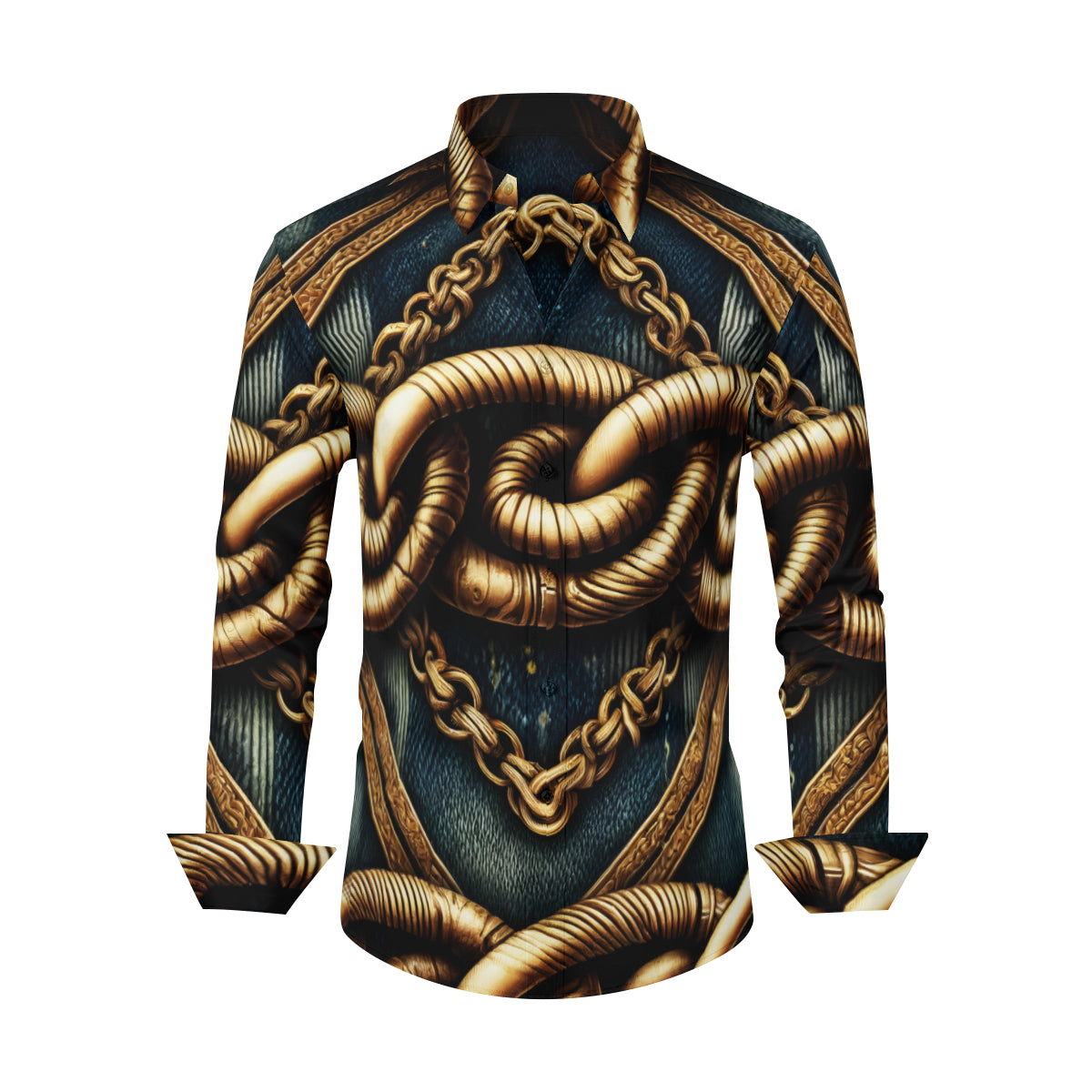 Textured Denim With Rusty Gold Chains Design Long Short Sleeves Men's Shirt