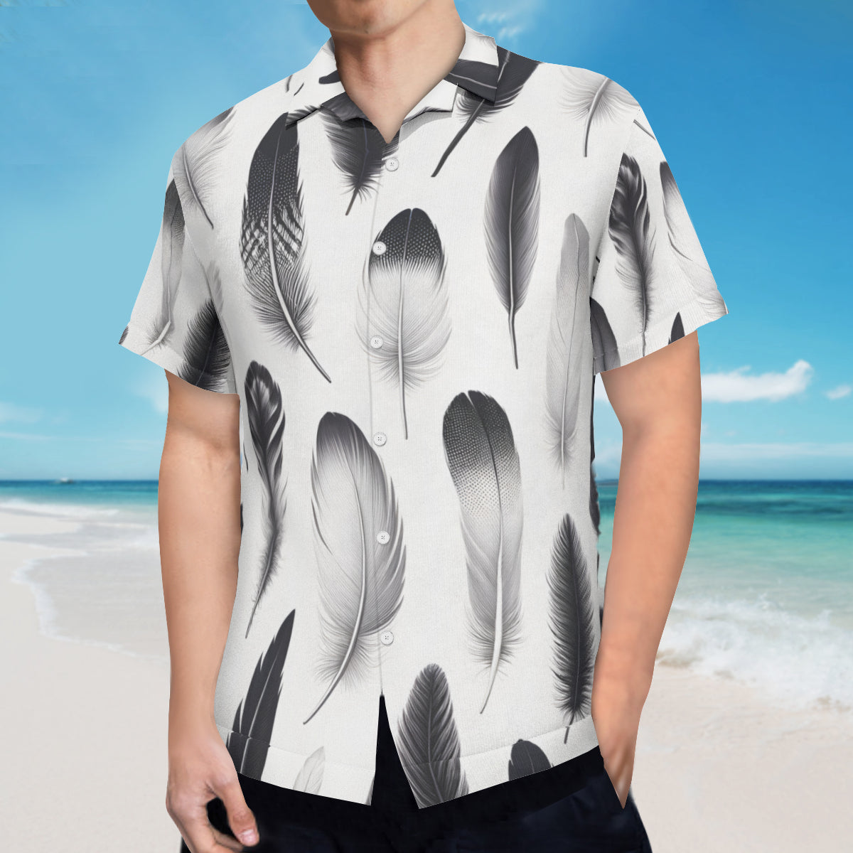 Black And White Feather Short Sleeves Men's Shirt