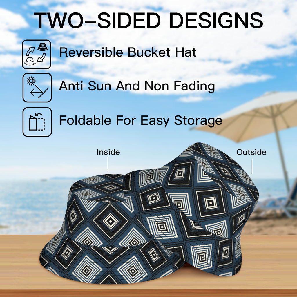 Navy Blue Geometric Shapes Double-Sided Unisex Polyester Bucket Hat