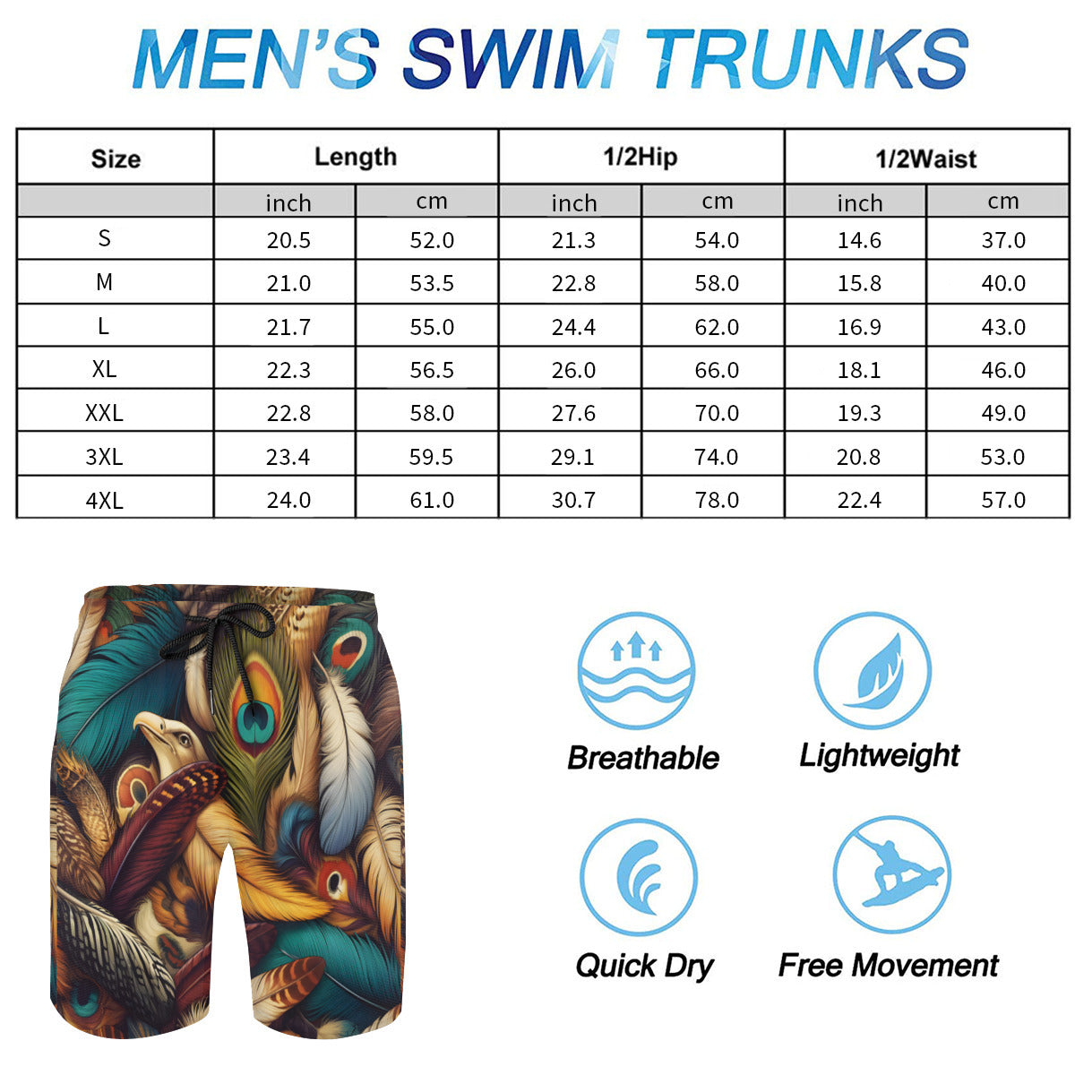 Elegant Peacock Feathers Men's Beach Shorts (Not Mesh Lined) | Polyester