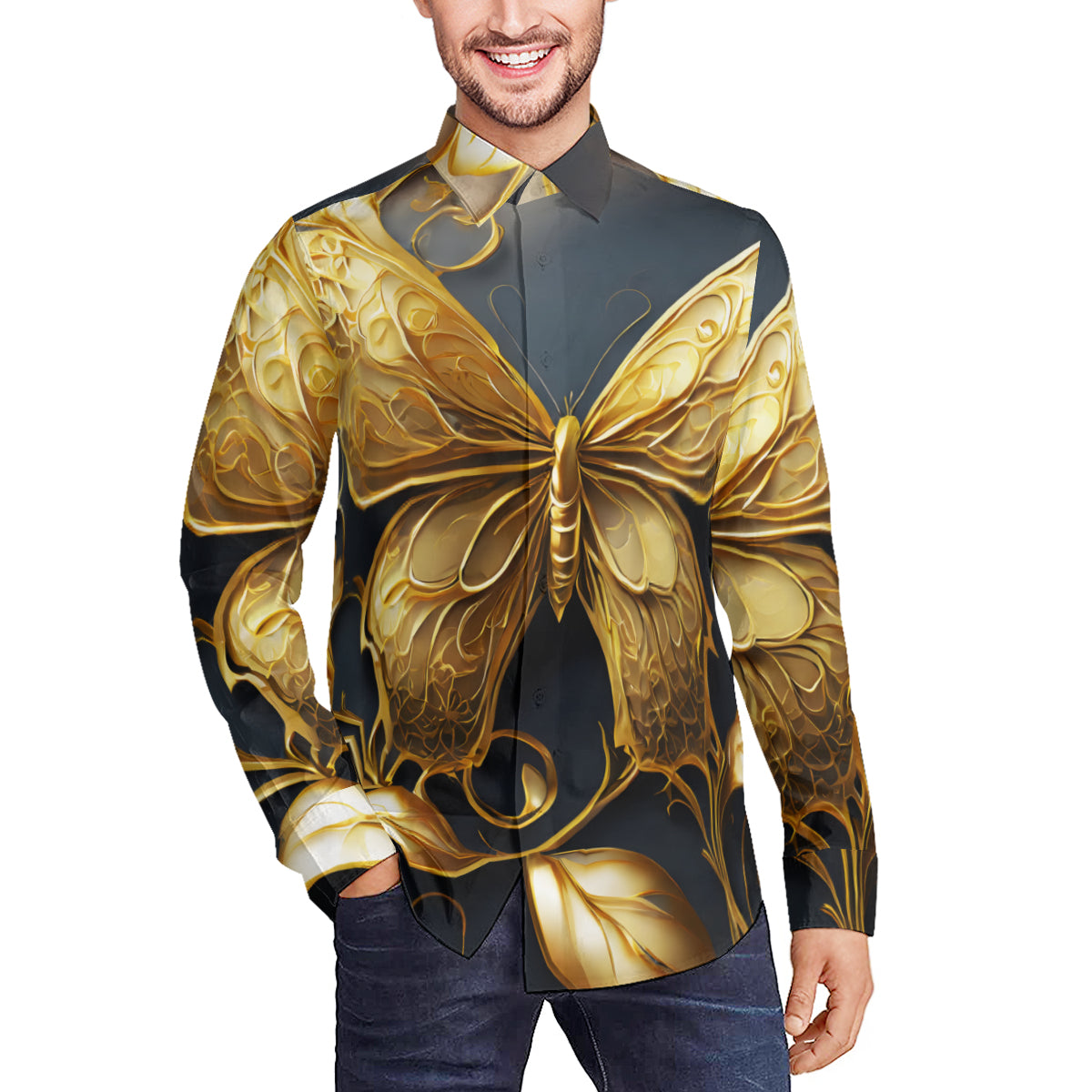Golden Buterfly Men's Classic Long-Sleeved Shirt | Polyester