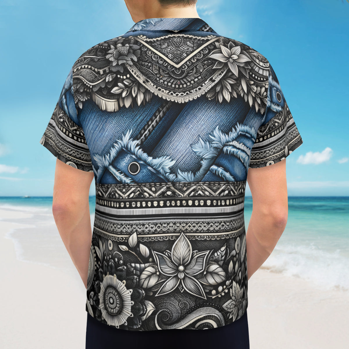 Denim And Lace Design Short Sleeves Men's Shirt