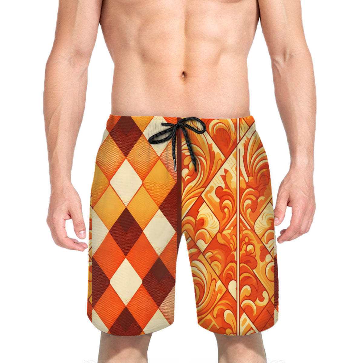 Orange Check Men's Beach Shorts (Not Mesh Lined) | Polyester