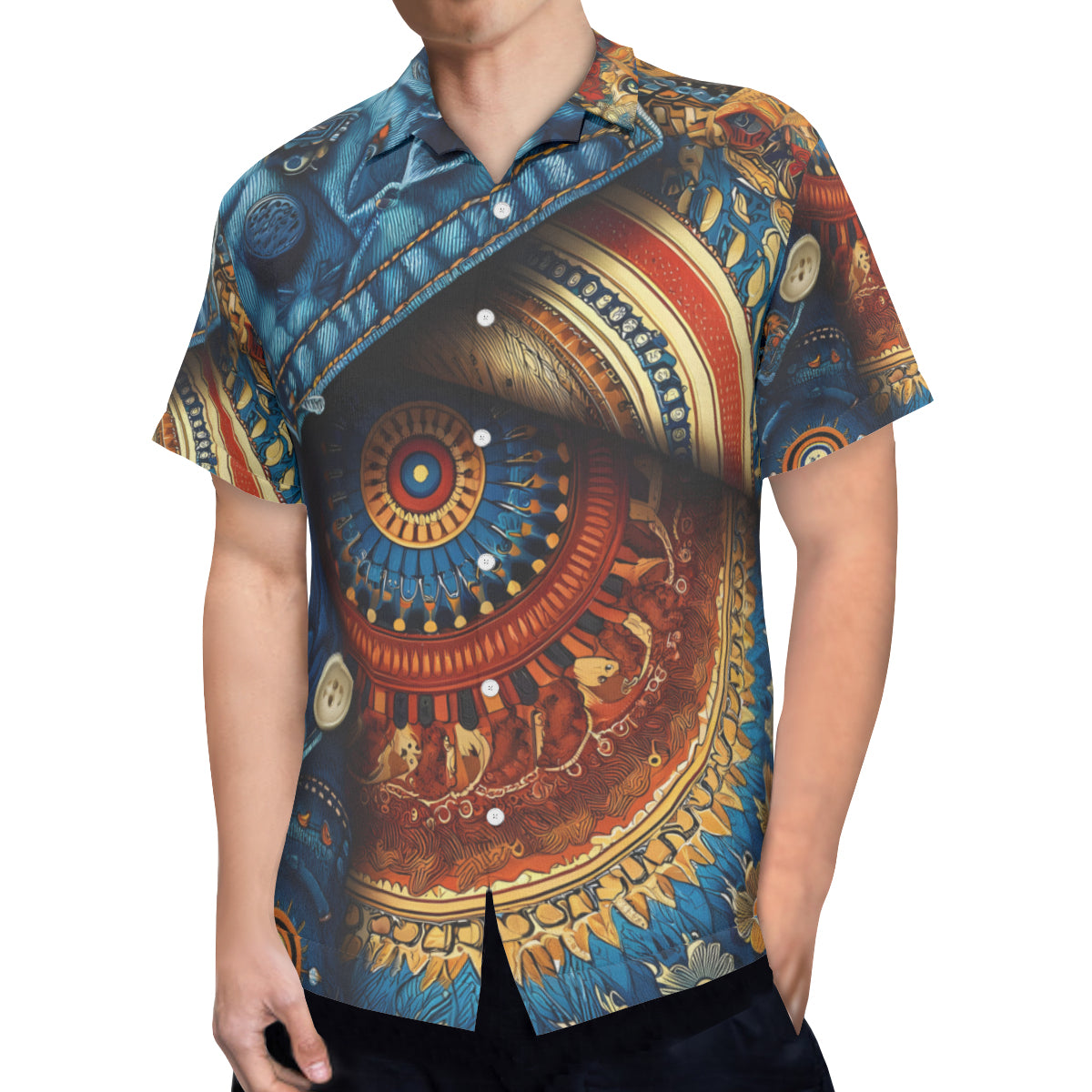 Denim And African Design Short Sleeves Men's Shirt