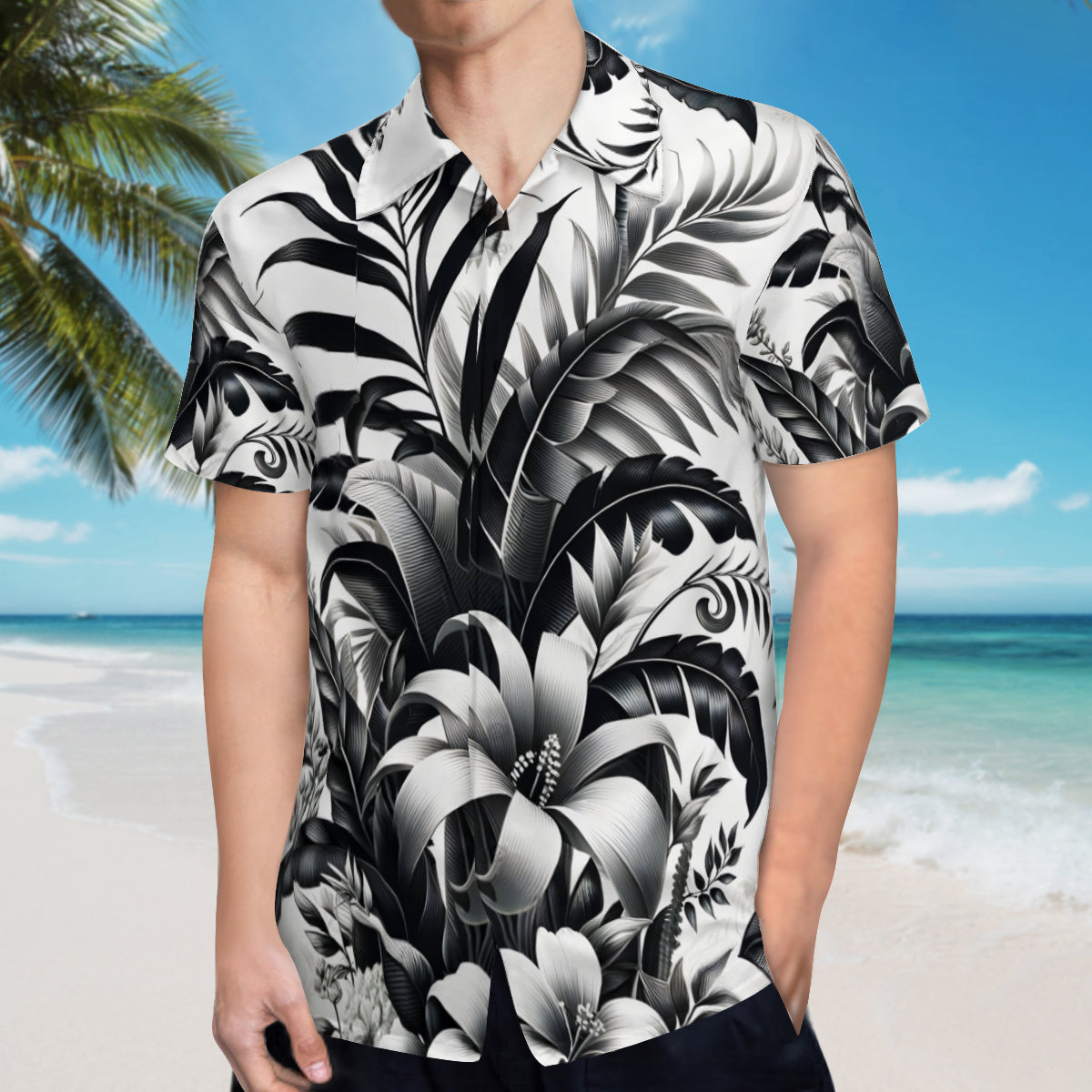 Tropical Black And White Short Sleeves Men's Shirt