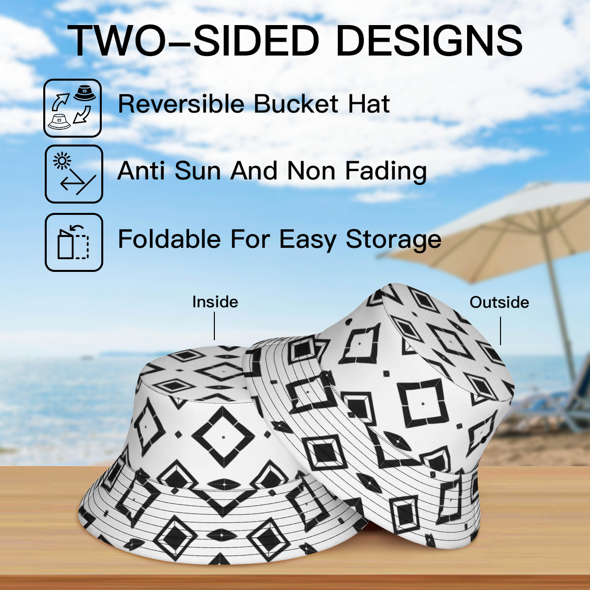 Black And White Double-Sided Unisex Polyester Bucket Hat