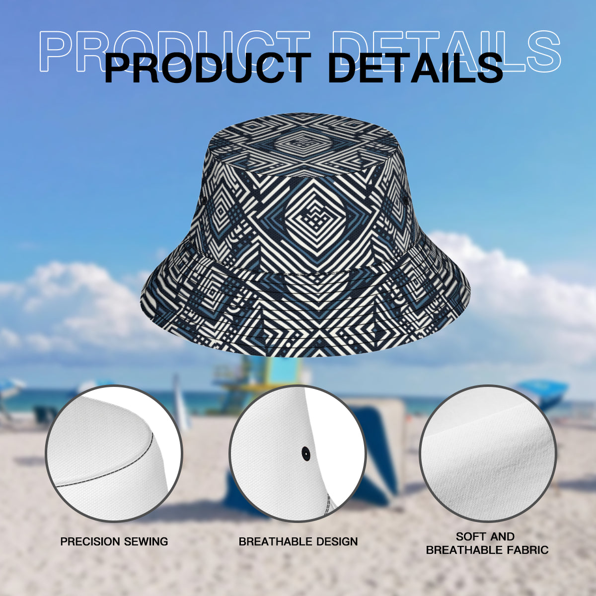 Navy Blue Geometric Shapes Double-Sided Unisex Polyester Bucket Hat