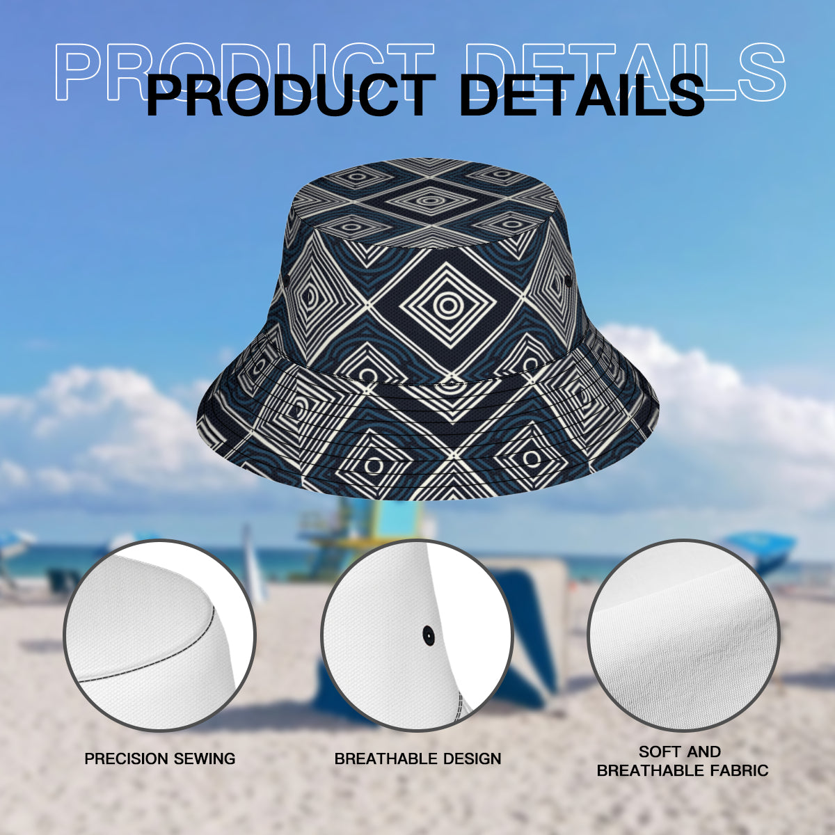 Navy Blue Geometric Shapes Double-Sided Unisex Polyester Bucket Hat