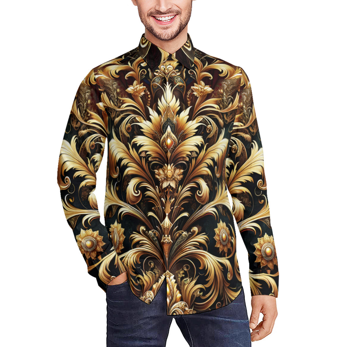 Elegant Golden  Long Sleeves Men's Shirt