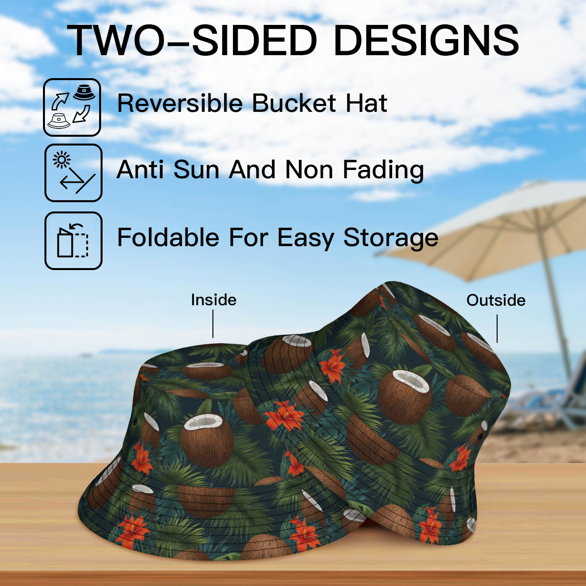 Tropical Coconut Double-Sided Unisex Polyester Bucket Hat