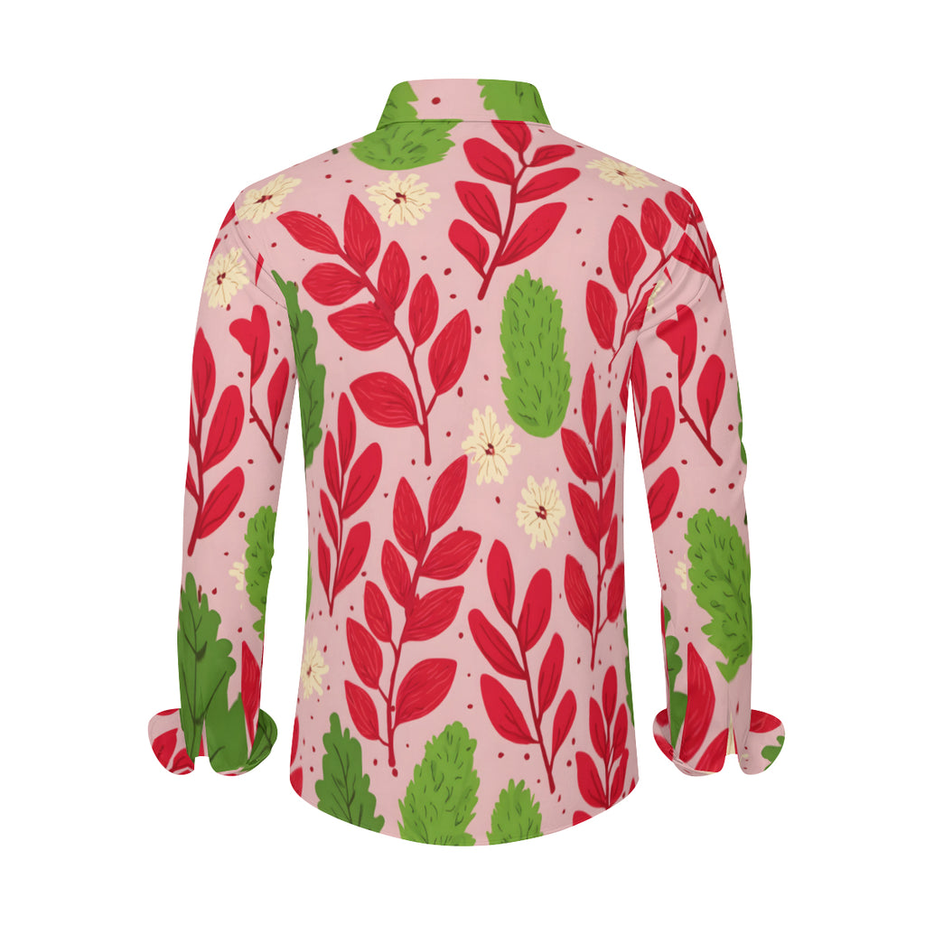 Pink Floral Men's Classic Long-Sleeved Shirt | Polyester