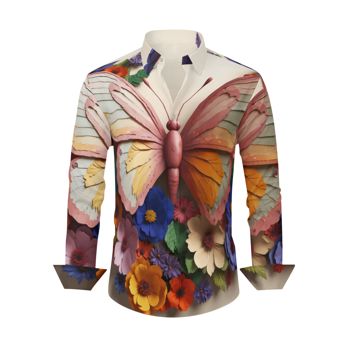 3D Floral Butterfly Men's Classic Long-Sleeved Shirt | Polyester