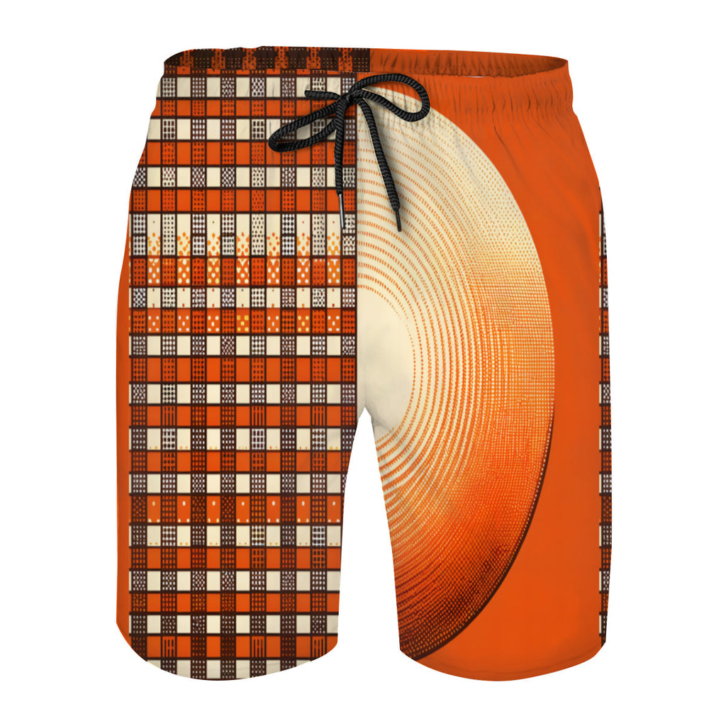 Orange Check Men's Beach Shorts (Not Mesh Lined) | Polyester