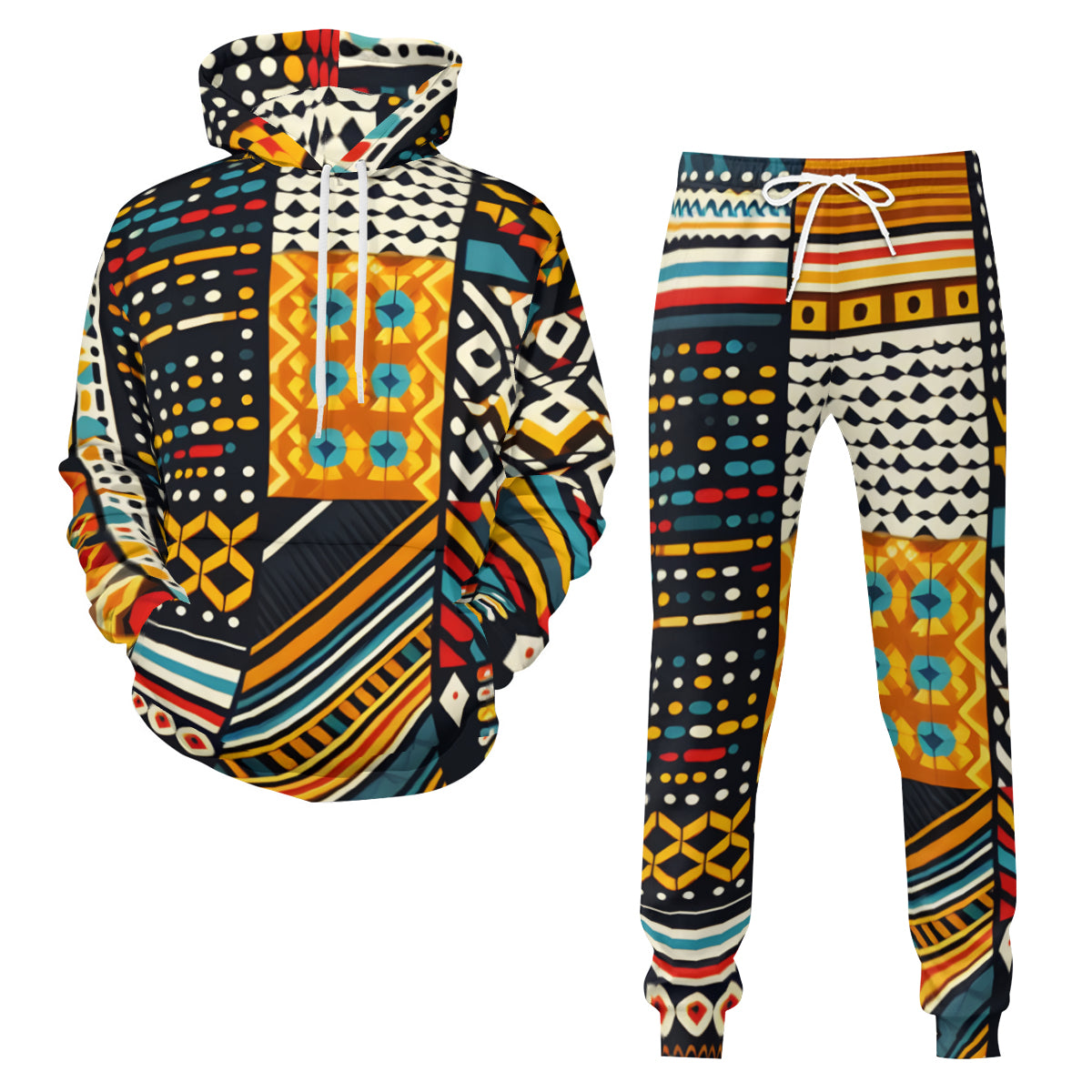 African Motifs Men's Adult Hoodie Set (Double-Layer Hood) | Health Fabric