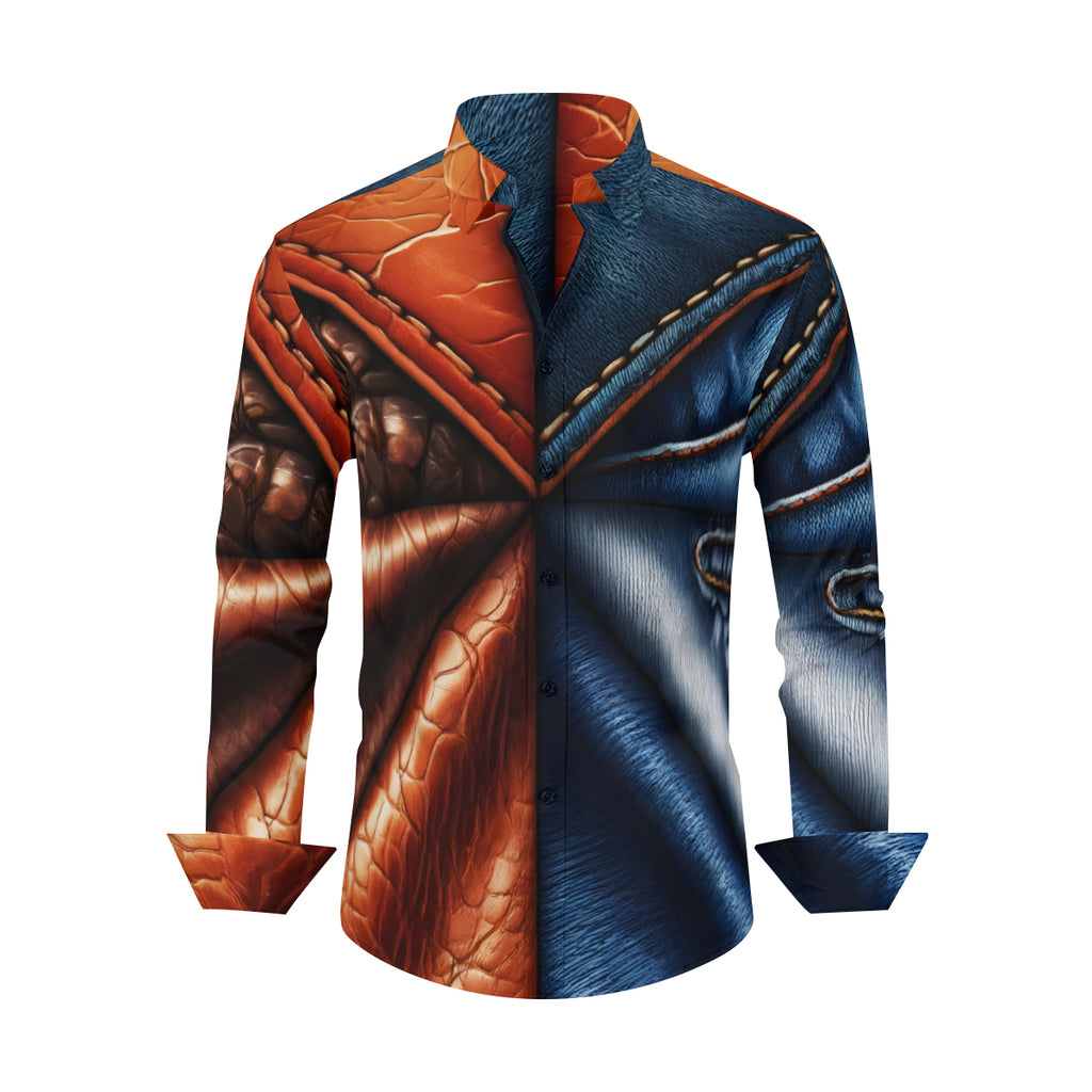 Denim And Leather Design Long Sleeves Men's Shirt