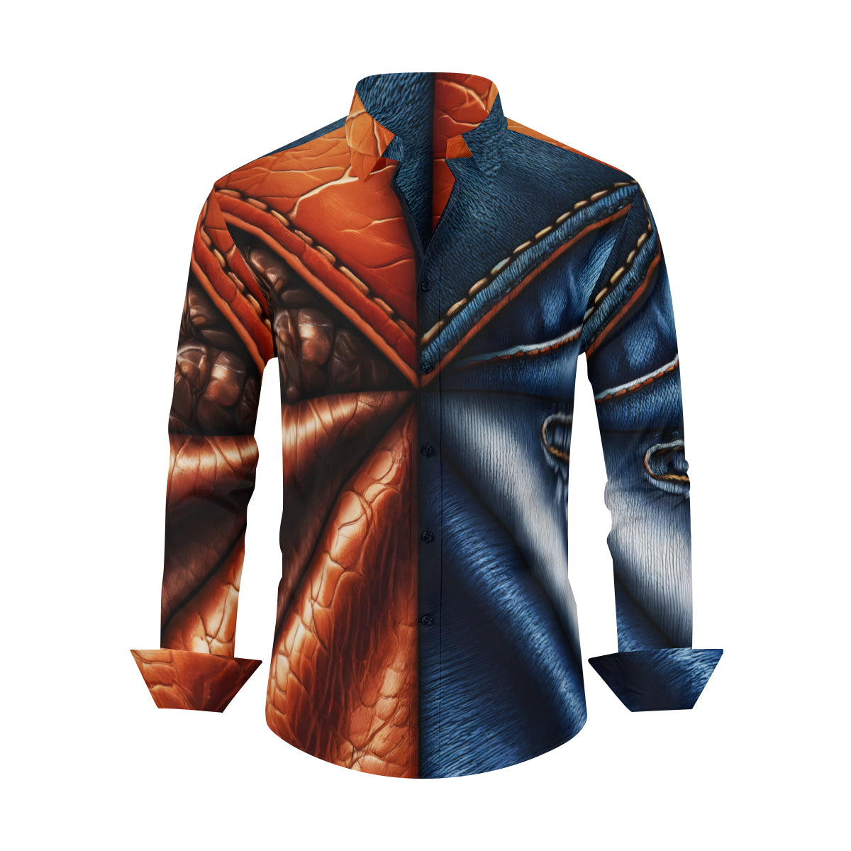 Denim And Leather Design Long Sleeves Men's Shirt