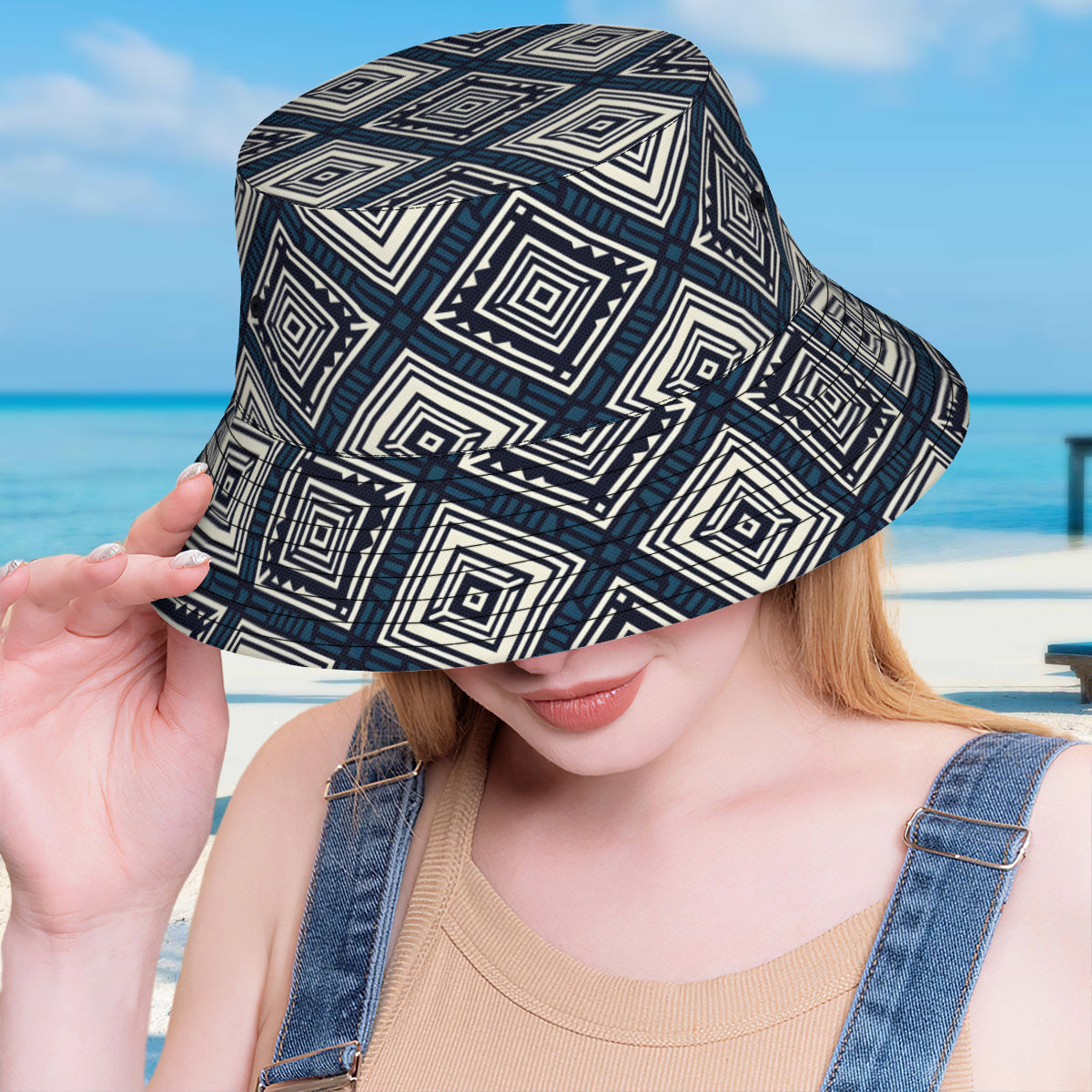 Navy Blue Geometric Shapes Double-Sided Unisex Polyester Bucket Hat