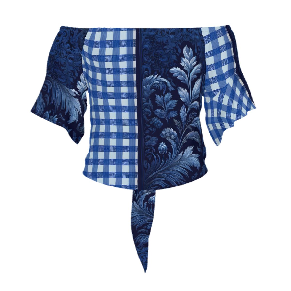 Blue Check Women's One-shoulder Tie Short Sleeves | Polyester